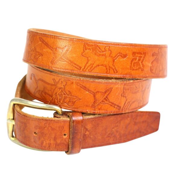 TOOLED TAN BROWN GENUINE LEATHER 7/8"Wd DRESS CASUAL WOMEN'S BELT Size S (R8 - Picture 2 of 14